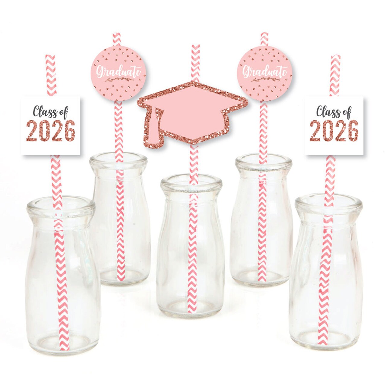 Big Dot of Happiness Rose Gold Grad - Paper Straw Decor - 2026 Graduation Party Striped Decorative Straws - Set of 24